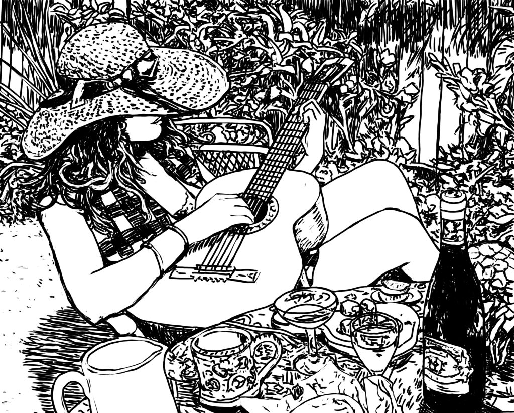 James Tovey, new media, digital tablet drawing, Milly and guitar, 2023
